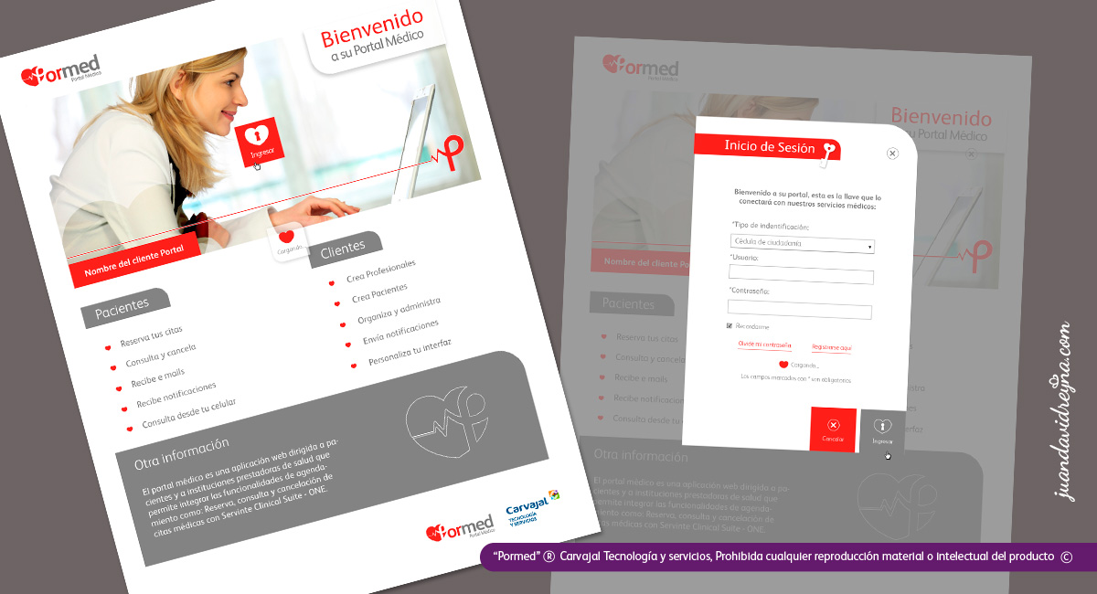 Proyecto de Carvajal T&S. Pormed es una herramienta dirigida a los pacientes y profesionales, para el agendamiento de citas y demás procesos clínicos y hospitalarios del sector salud. Mi papel en este proyecto en conjunto con un equipo de ingenieros, consistió en el re-diseño de identidad visual partiendo de la necesidad de mejorar la imagen de un producto ya existente, a partir de ahí, creando piezas de diseño para su aplicación en página web. Esta es una breve muestra de este proyecto, el cual, actualmente se encuentra en proceso de producción:
