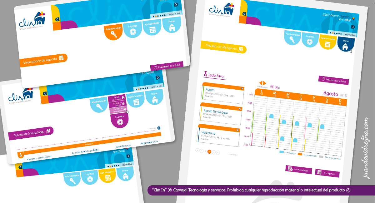 Diseño de menú; el contenido de los módulos nace de las formas circulares del logosímbolo, para el caso del menu, hay una clara alusión a la cruz del logo, de esta forma se va generando la recordación y creación de esa marca.