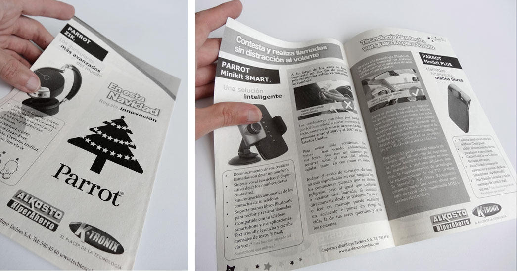 Pieza tipo prensa a una tinta, publicidad Parrot para Alkosto y Ktronix