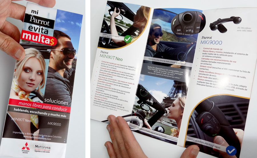 Diseño de folleto tríptico Parrot, Motorysa, dispositivos manos libres para conducción