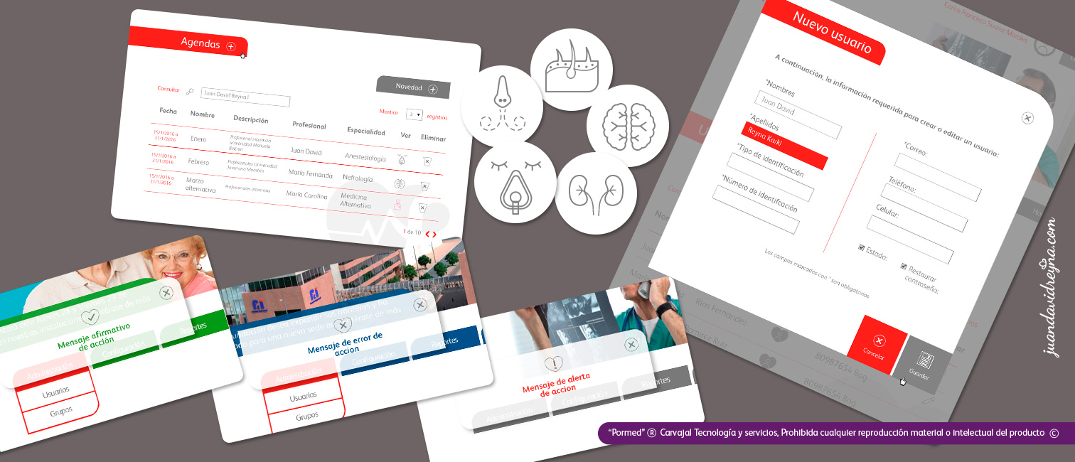 Mi inspiración para Pormed fue la sobriedad que el sector salud emana, la limpieza, pulcritud, se juega también con sutiles transparencias, el blanco como lienzo para contrastar otros tonos, buscando guiar al usuario intuitivamente. Pormed es construido visualmente mediante html y css. Incorpora el diseño responsivo (ver ejemplos maquetación b).